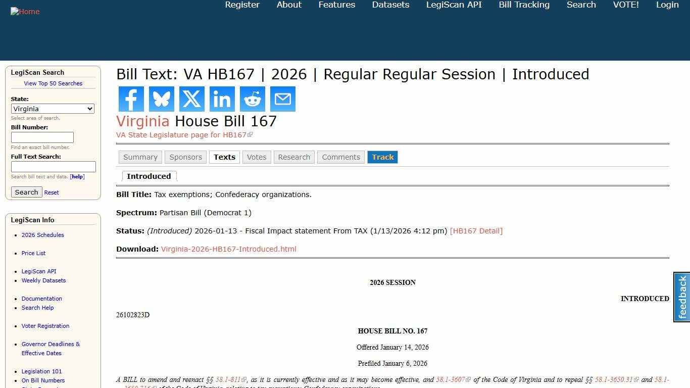 Bill Text: VA HB167 2026 Regular Regular Session Introduced LegiScan